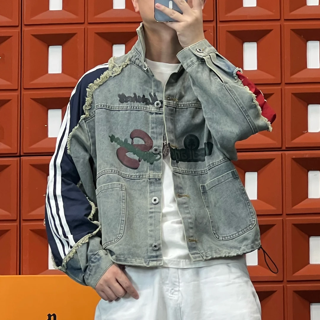 HK&NB x 艺术家 春秋红蓝CP复古拼接撞色宽松休闲牛仔外套穿搭