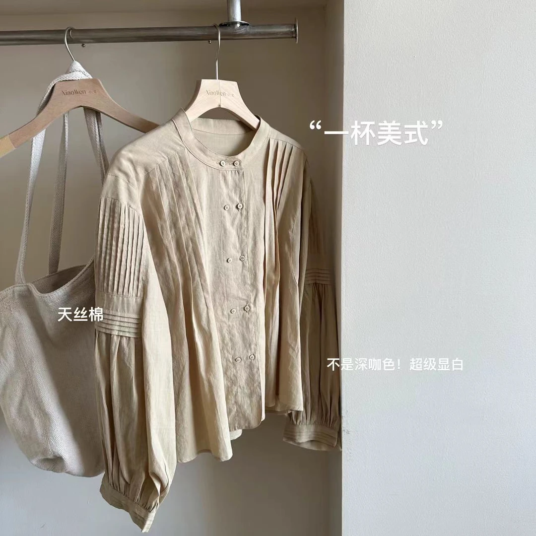 小文姐 W0438-‘一杯美式’秋季气质双排扣压褶休闲长袖衬衫上衣