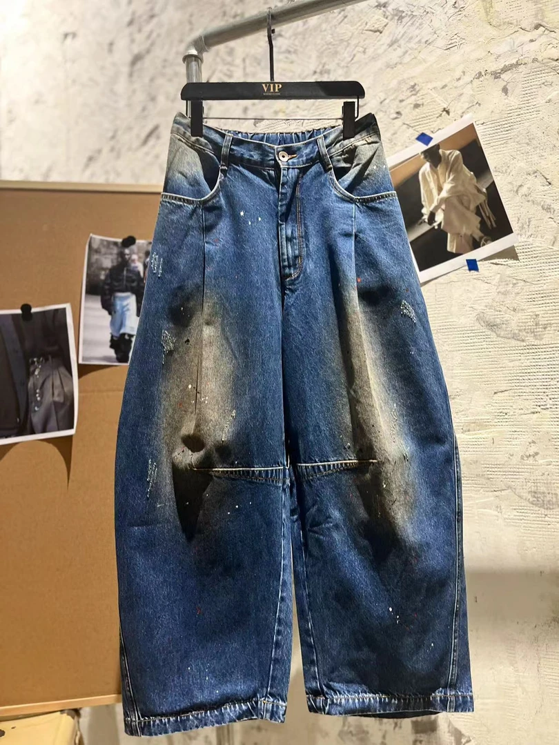 VIP studio 24AW 重磅微潮复古水洗泼墨立体阔腿牛仔裤