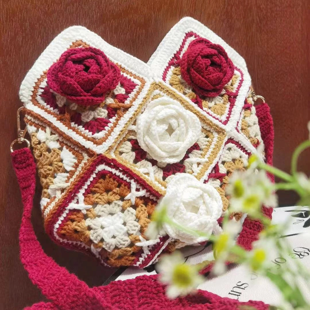 美拉德双色山茶花包祖母格diy钩织单肩包花朵编织材料包