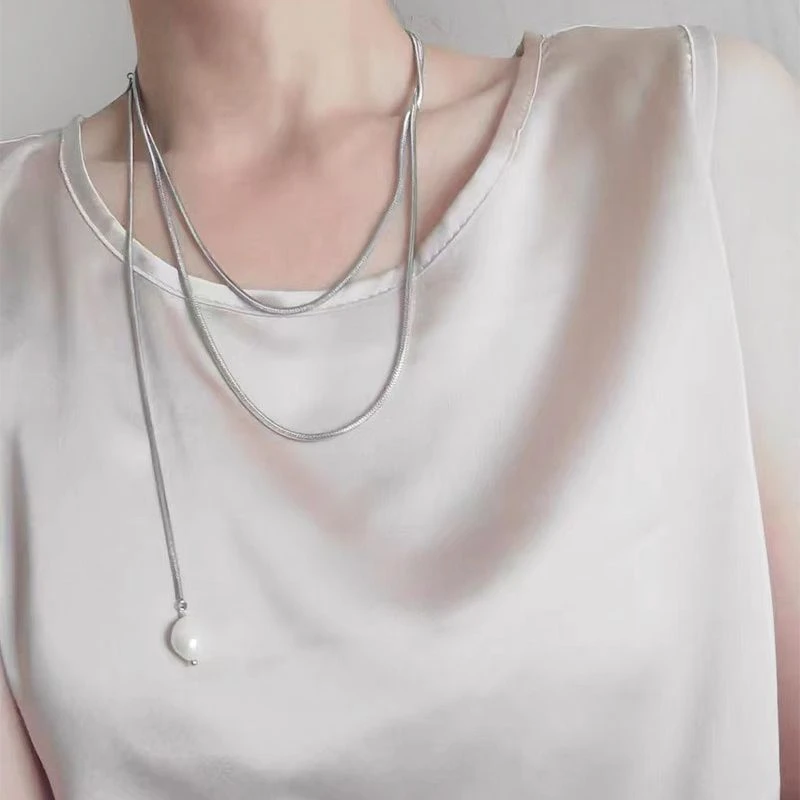 坠链均925银 长款叠戴百搭小众扁蛇骨链项链女时尚轻奢锁骨毛衣链