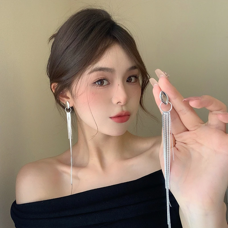 925银耳饰 椭圆长款链条流苏耳钉女韩版简约时尚气质百搭轻奢耳环