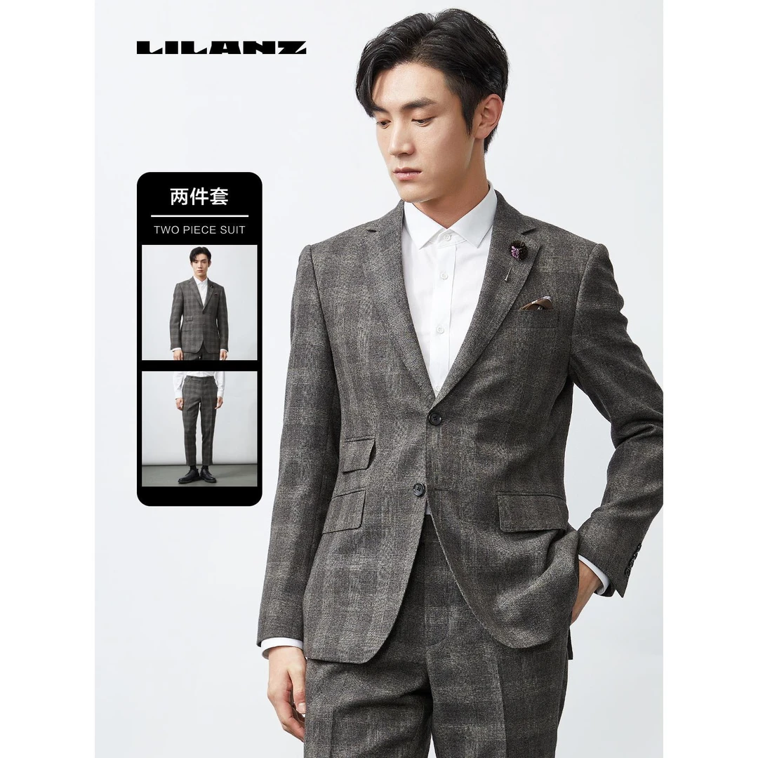 Lilanz/利郎商务毛料西服九分裤男士时尚休闲修身格子条纹职业