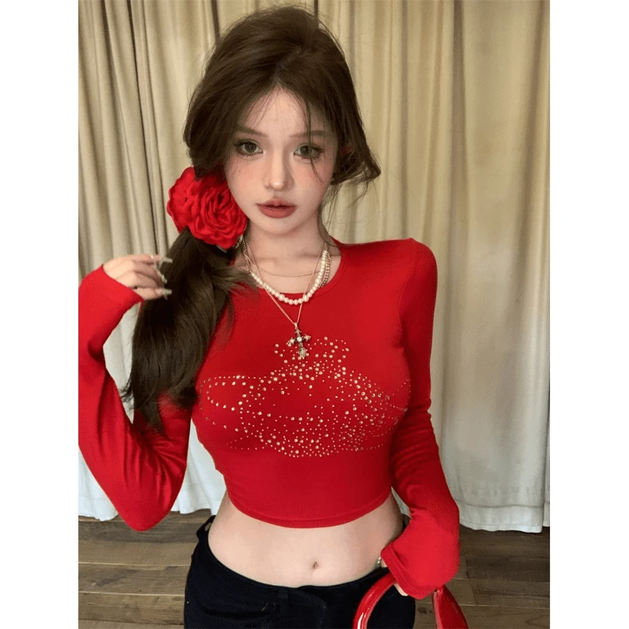 爆款法式休闲设计感时尚女气质烫钻露背拼接修身上衣T恤显瘦秋季