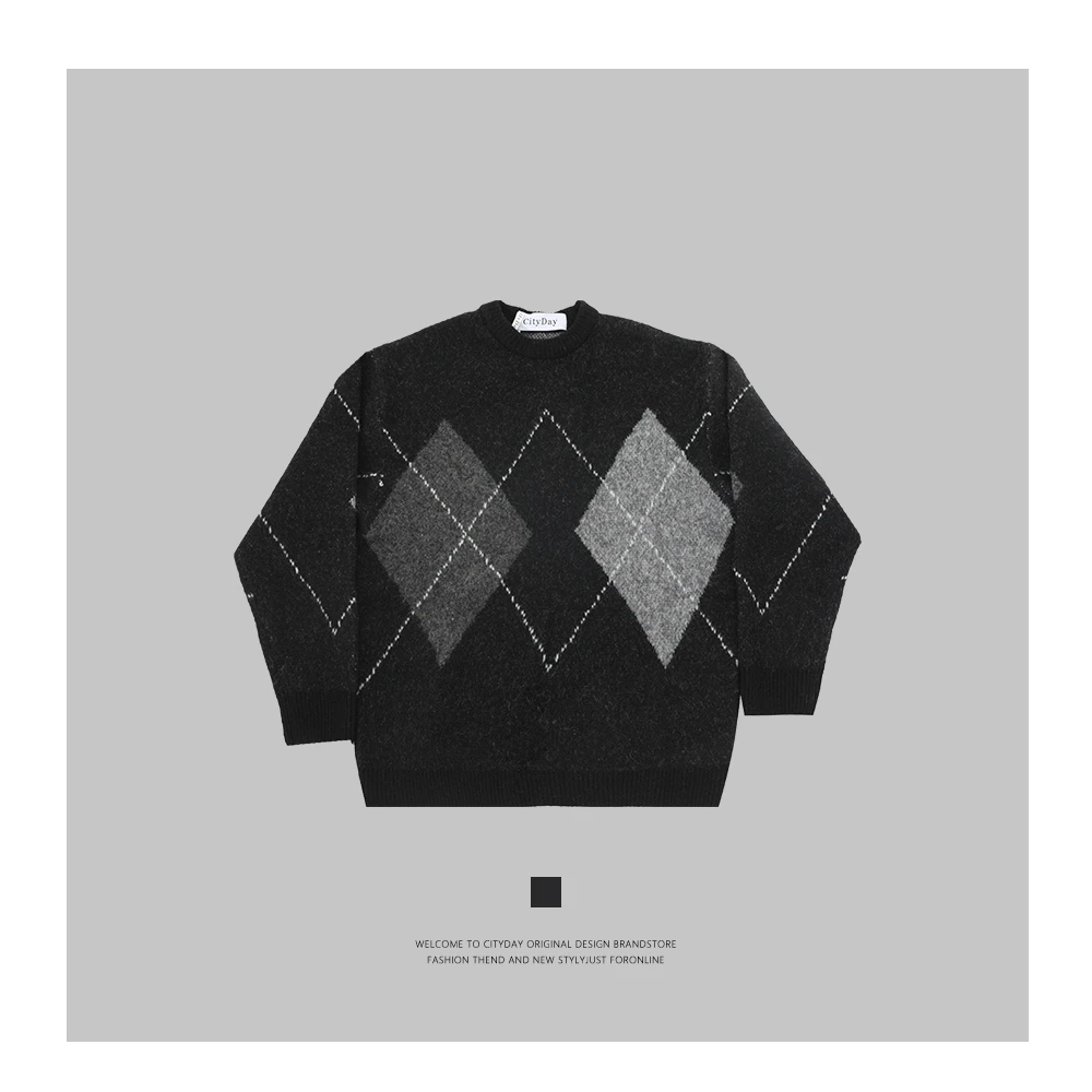 City Day 【潮灰私订】7626秋冬新款休闲时尚百搭圆领菱格毛衣