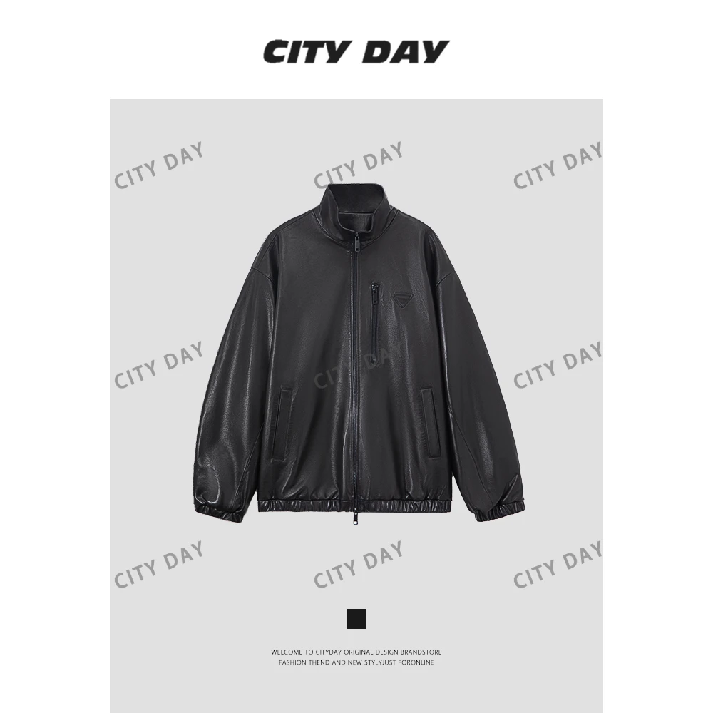 CityDay 【潮灰私订】100绵羊皮 细腻光泽感 廓形皮衣夹克 7755