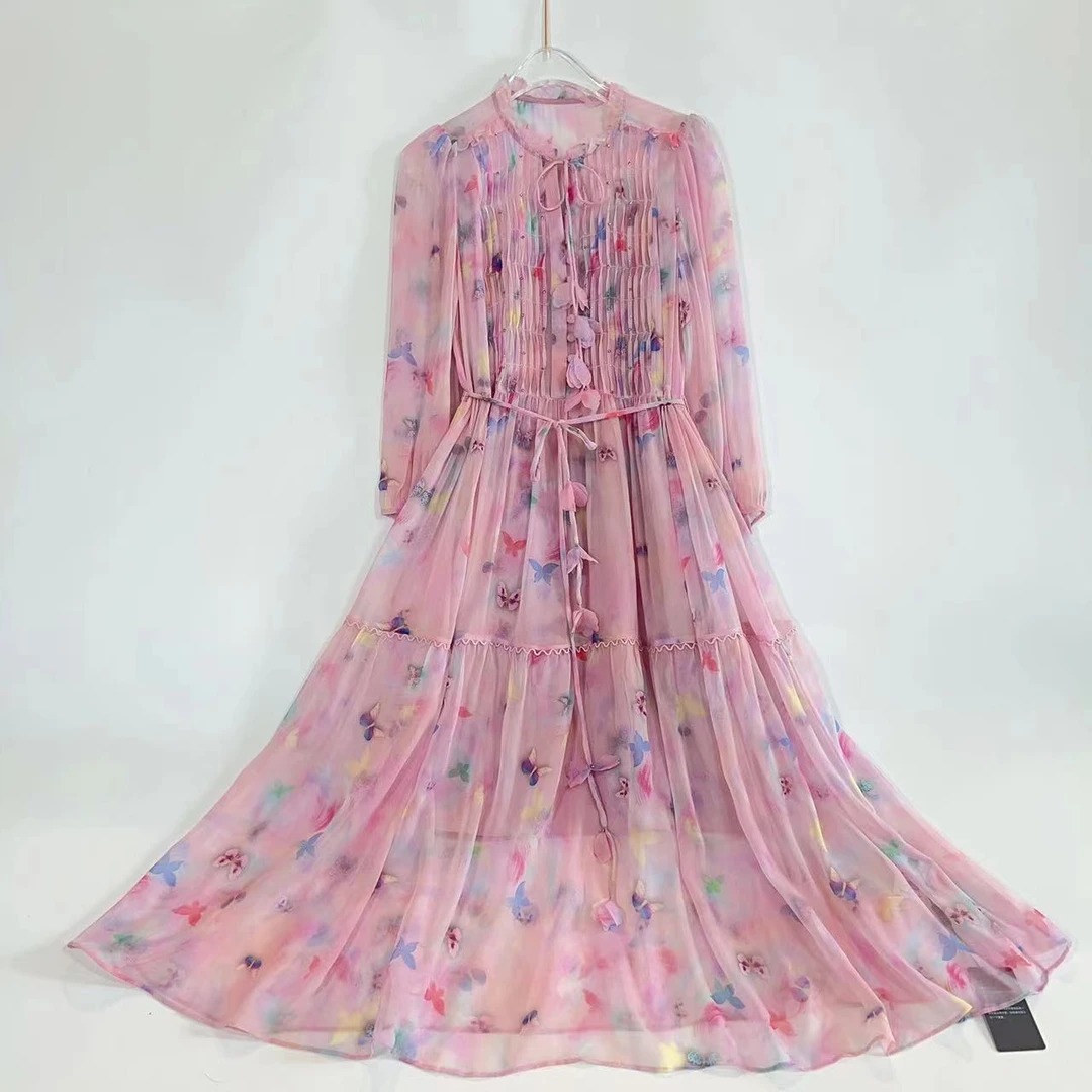 2024新款时尚显瘦气质印花仙女百搭气质粉色收腰真丝连衣裙23361
