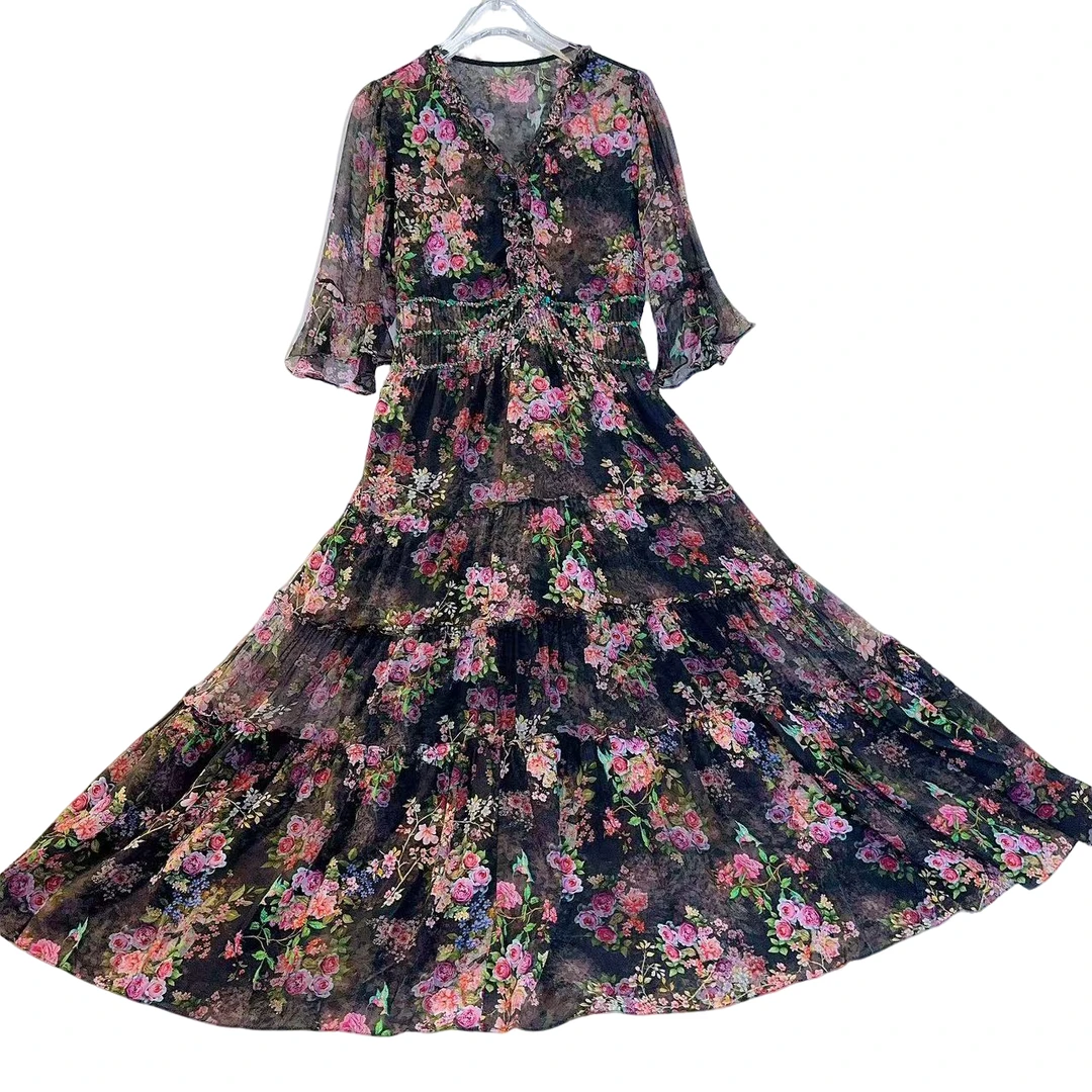 真丝连衣裙2024新款高订收腰显瘦桑蚕丝长裙 黑/红花色 240139