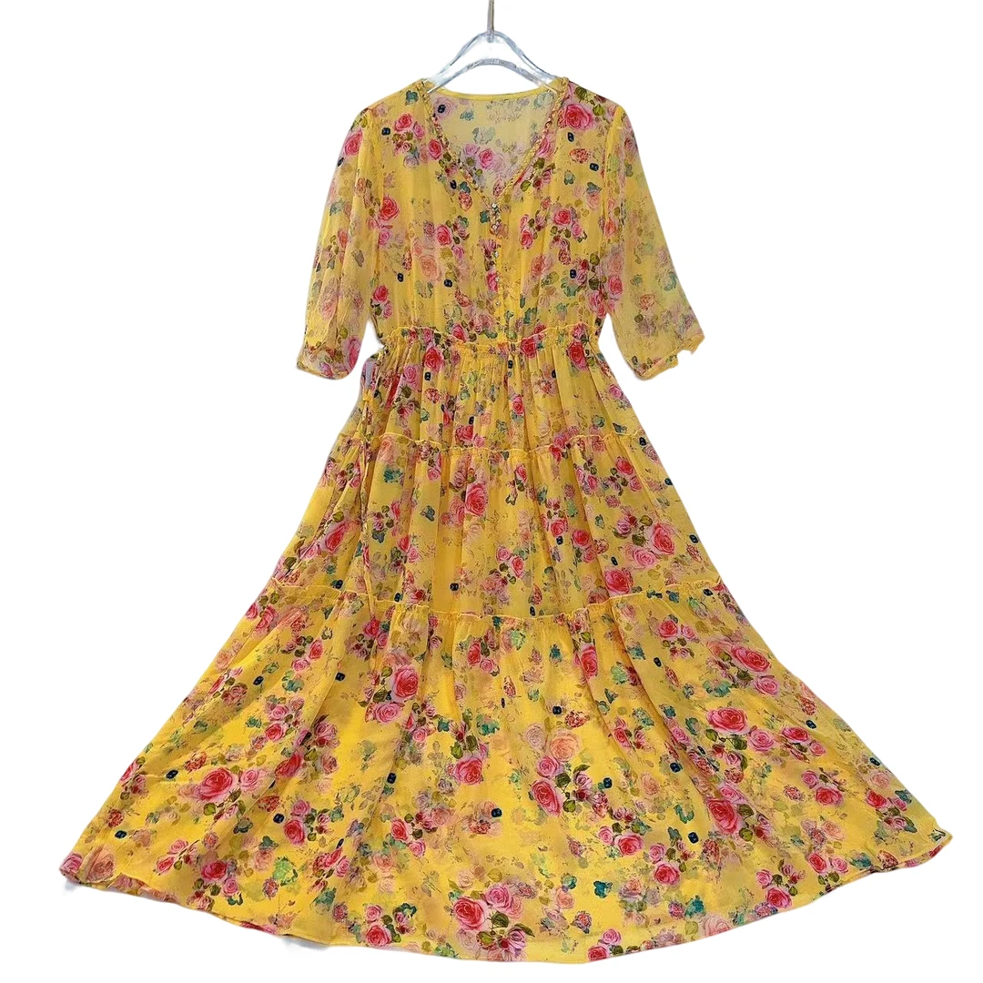 真丝连衣裙新款时尚高订气质收腰显瘦桑蚕丝长裙 黄花色 240102