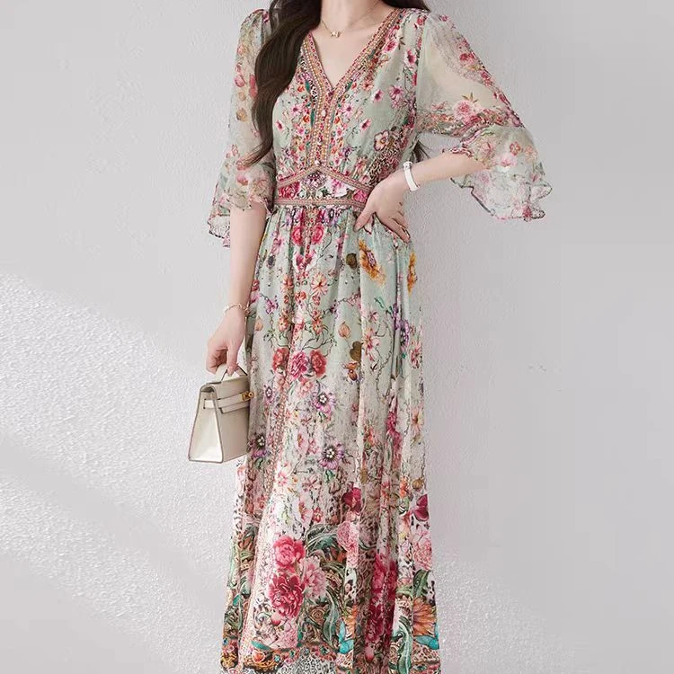 妍姐2024年春夏新款高端优雅气质修身真丝连衣裙   绿色   241040