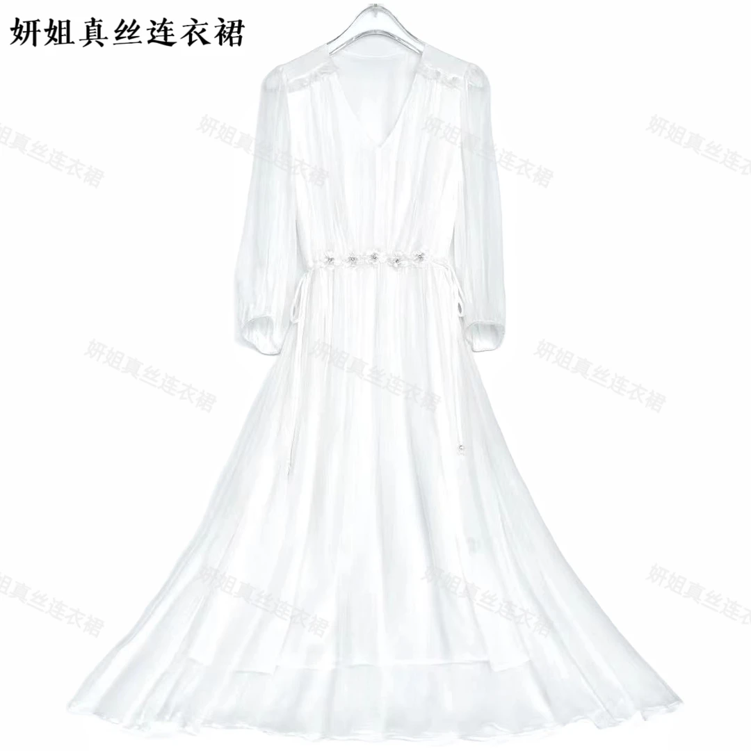 2025 SZ 新款时尚减龄仙女气质夏季桑蚕丝女装连衣裙本白色 23155