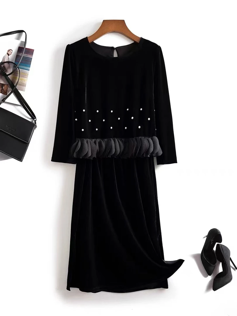 妍姐2024新款秋冬显瘦气质轻奢时尚法式收腰长裙   黑色    0636