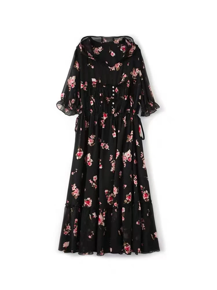 妍姐真丝夏新款时尚宽松优雅黑花连帽轻奢夏季连衣裙 黑色 182330