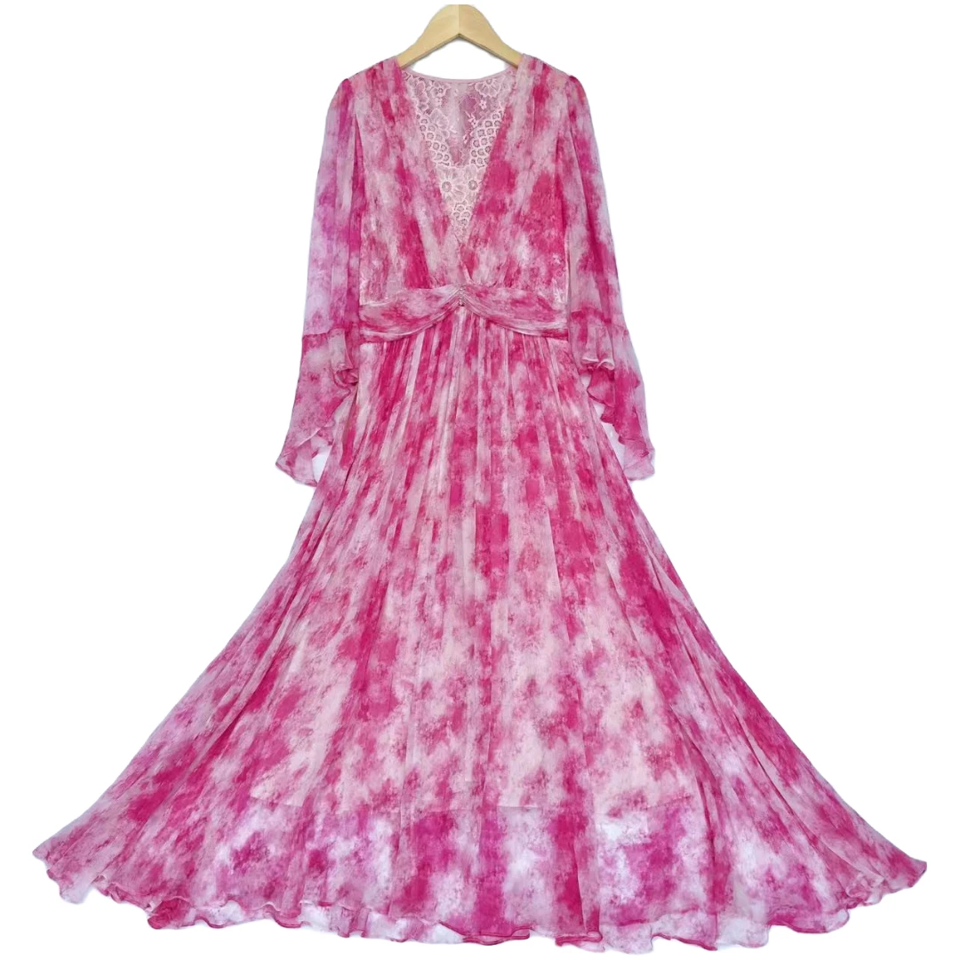 真丝连衣裙2023年春夏季新款气质长裙桑蚕丝连衣裙 粉色  23118