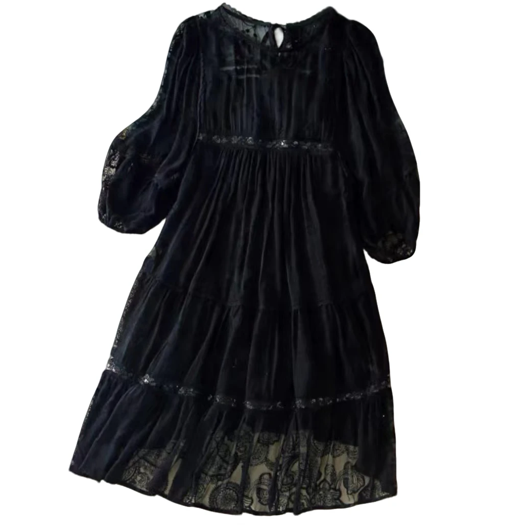 2024蕾丝真丝连衣裙新款高订气质收腰显瘦桑蚕丝长裙黑/白色24505