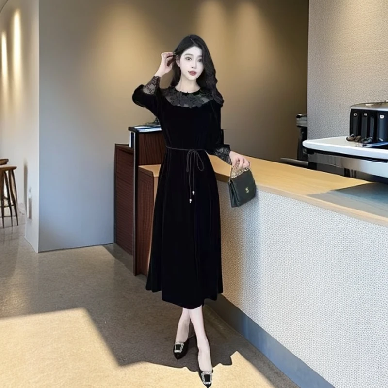 妍姐2025新款秋冬显瘦气质轻奢时尚法式收腰长裙 黑色 9239