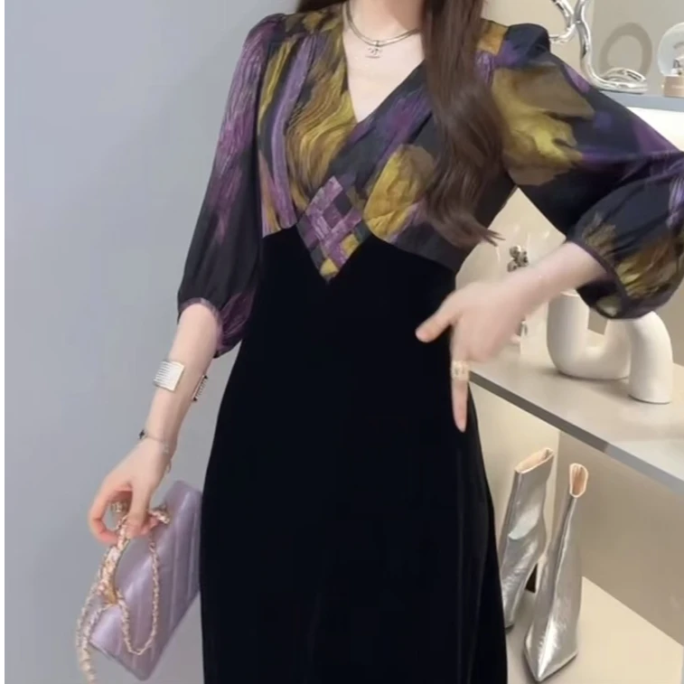 妍姐2025新款秋冬显瘦气质轻奢时尚法式收腰长裙 黄紫色 03619