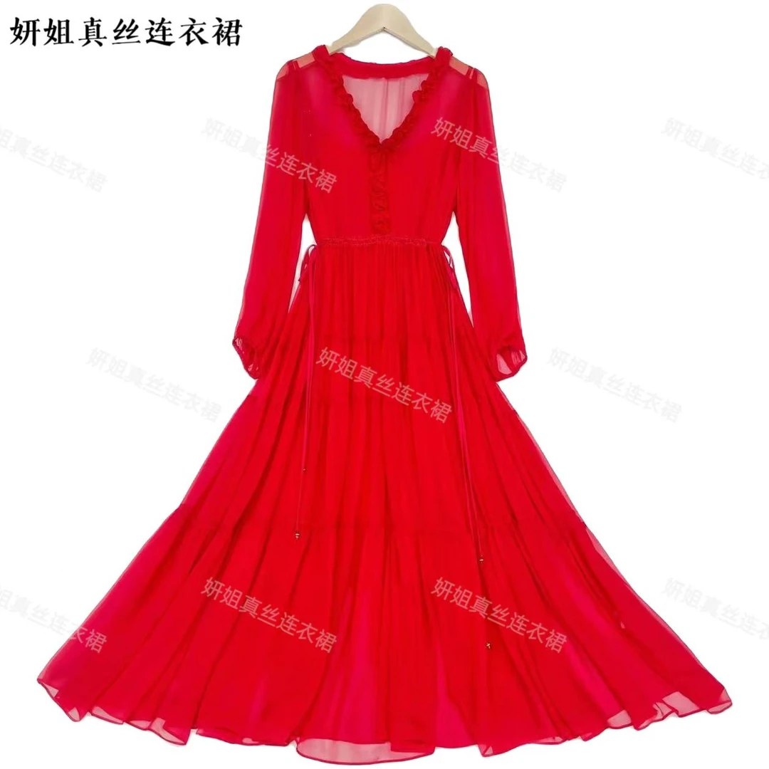 2025新款轻奢春夏短款小个子《中国红》红色收腰大摆长袖长裙22110