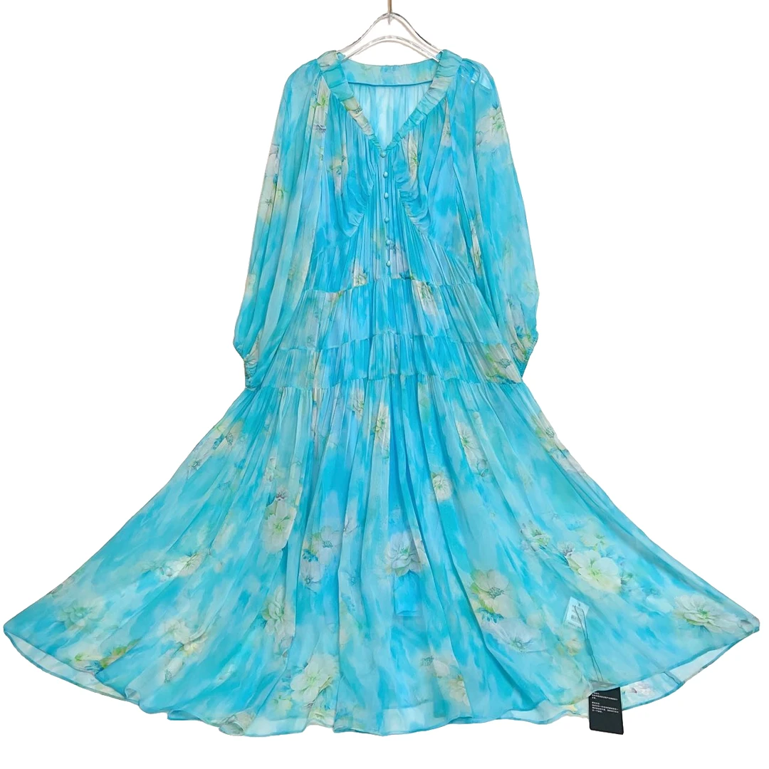 桑蚕丝优雅春夏时尚显瘦气质仙女印花真丝女装连衣裙蓝色 23392