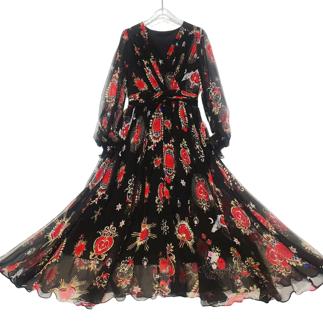 【红桃A】轻奢2024夏新品气场全开v领收腰大摆真丝裙黑色240116