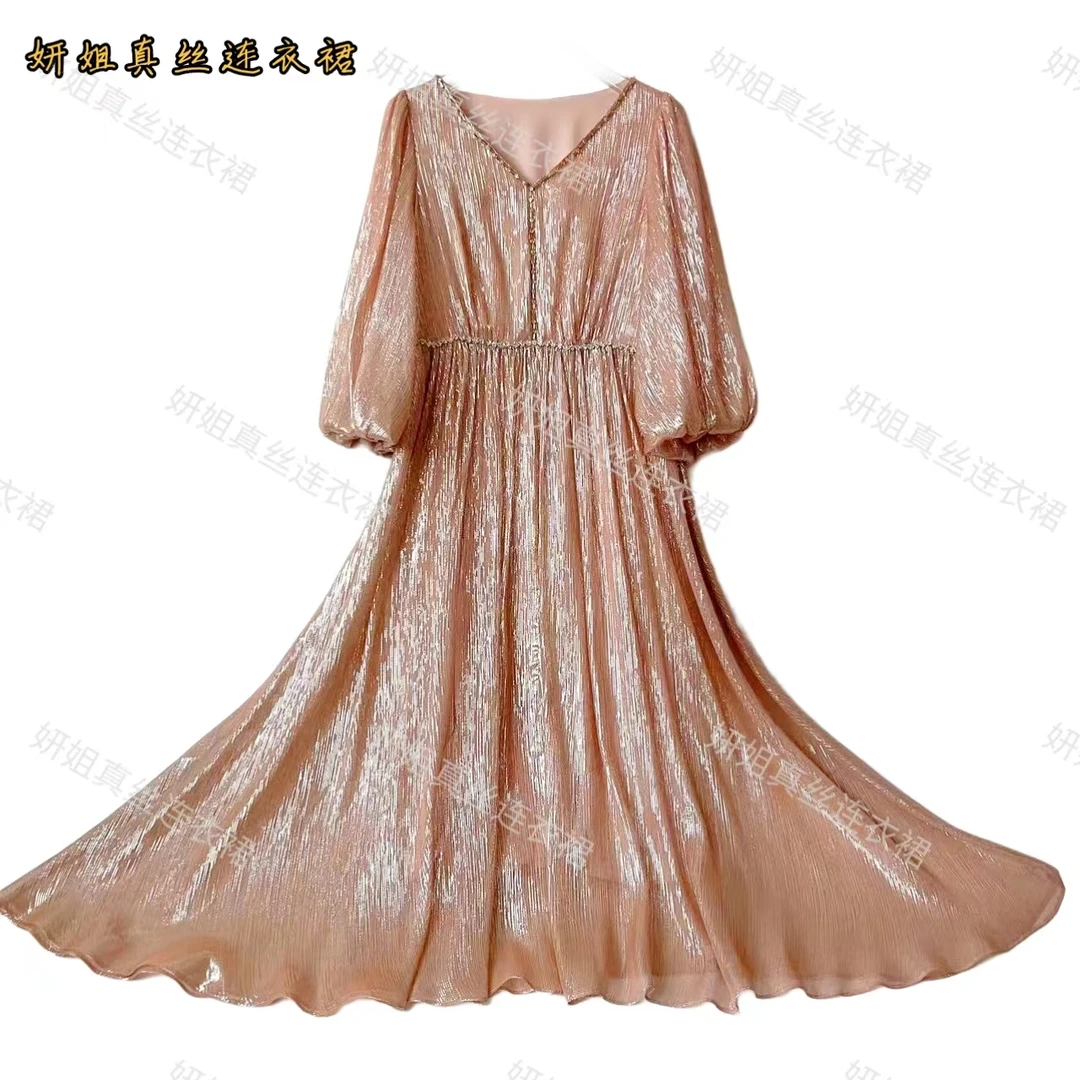 2025妍姐真丝新款时尚高端走秀气质轻奢蕾丝真丝连衣裙粉色 24237