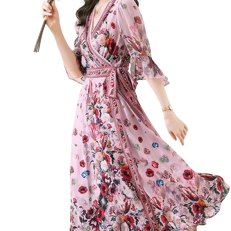 妍姐2024春夏印花高端优雅气质花式真丝女装连衣裙粉/黑色 241079