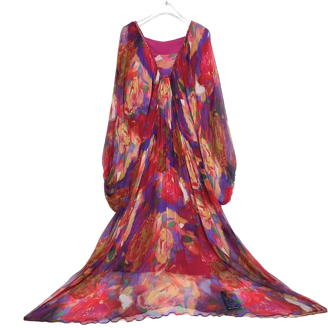 真丝连衣裙海边长裙欧美印花裙气质时尚蚕丝连衣裙 紫色 23045-1