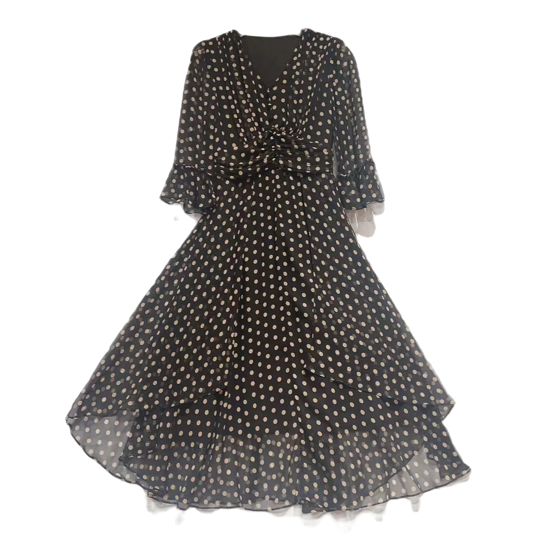 真丝连衣裙 2025春夏新款桑蚕丝高端气质波点连衣裙 黑色 23087-2