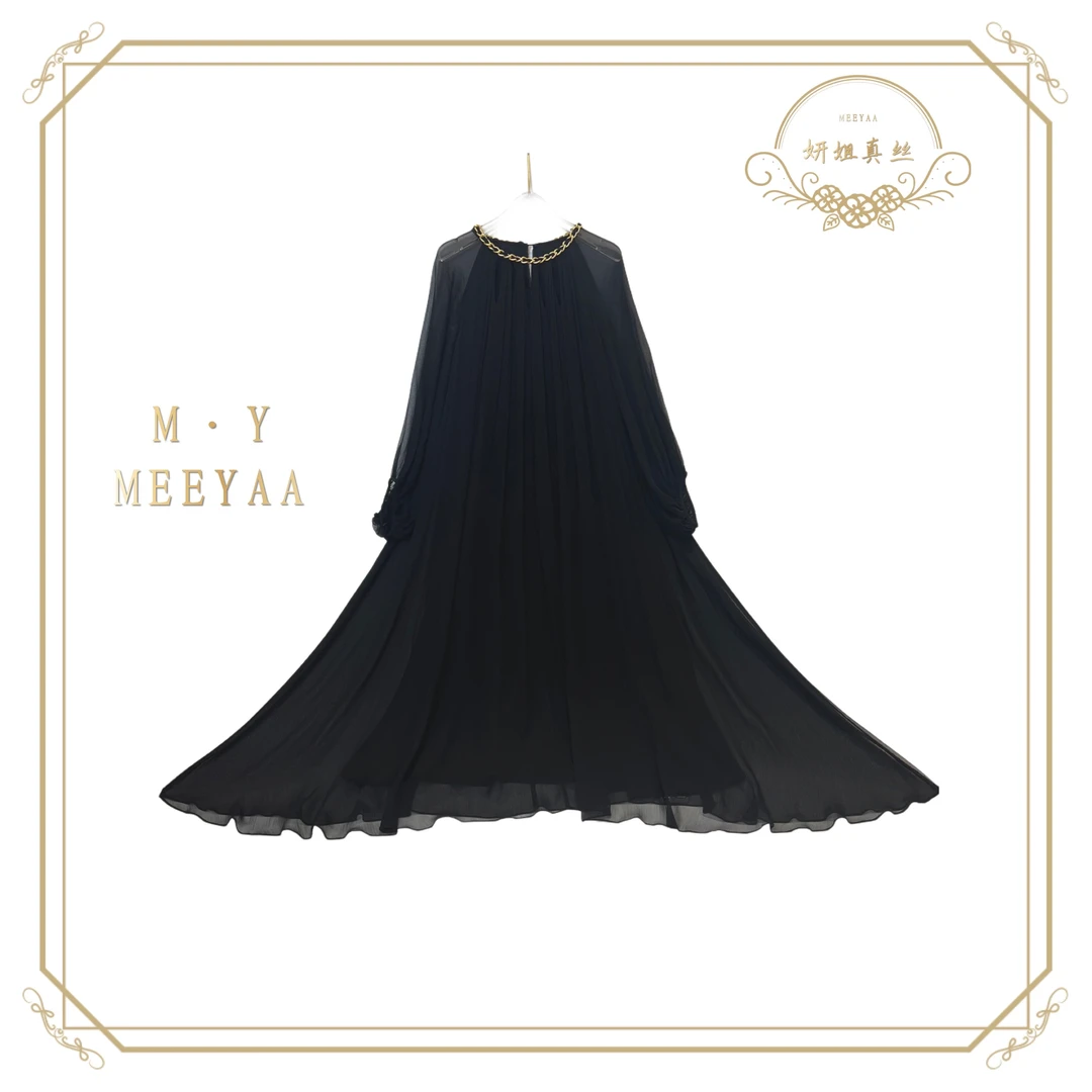 2025妍姐真丝复古时尚高端走秀气质轻奢夏季真丝连衣裙黑色 23217