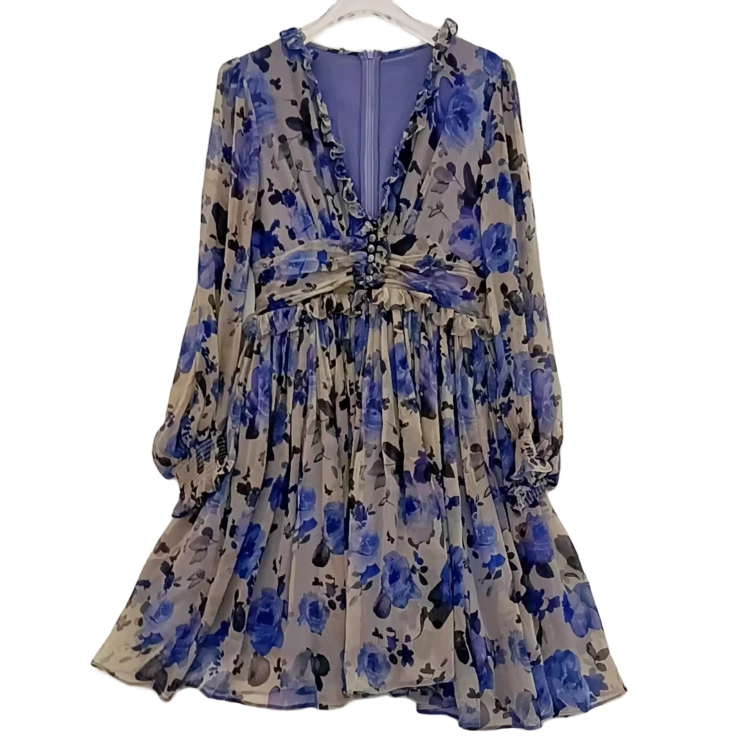 真丝连衣裙2023新款时尚轻奢仙女桑蚕丝连衣裙 兰色 240156-1