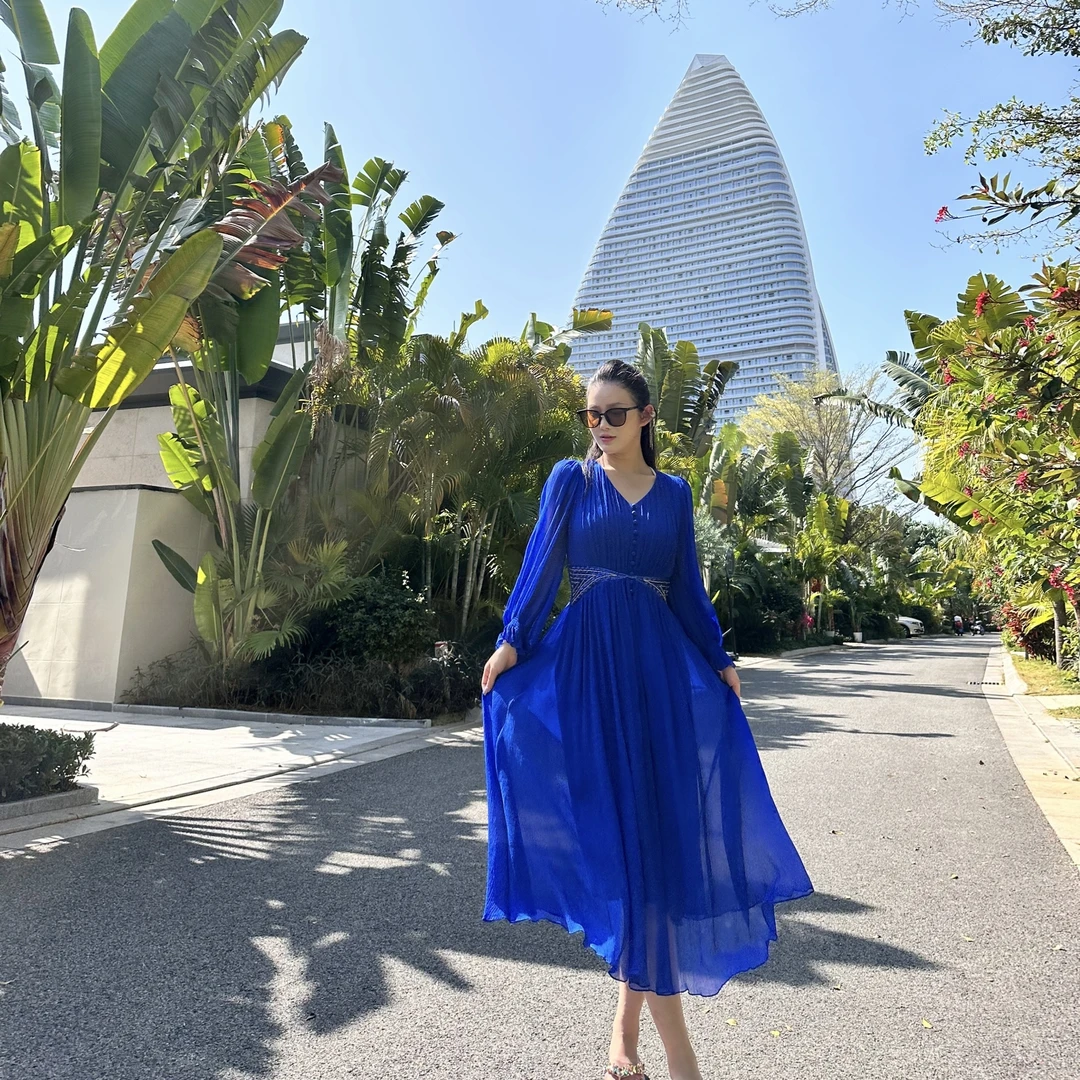 妍姐休闲新款时尚宽松高端走秀气质轻奢百搭真丝连衣裙蓝色23197