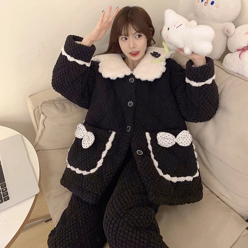 凤姿睡衣女三层夹棉秋冬款长袖珊瑚绒加厚加绒法兰绒家居服套装FB