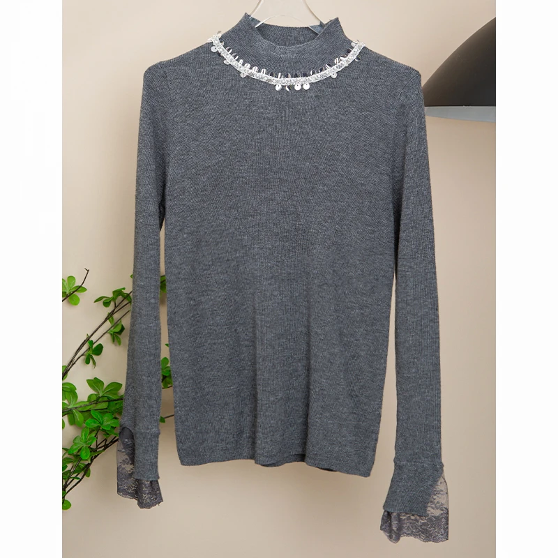 【茵姐推荐】复古时尚重工领口亮片设计百搭秋冬打底衫3232