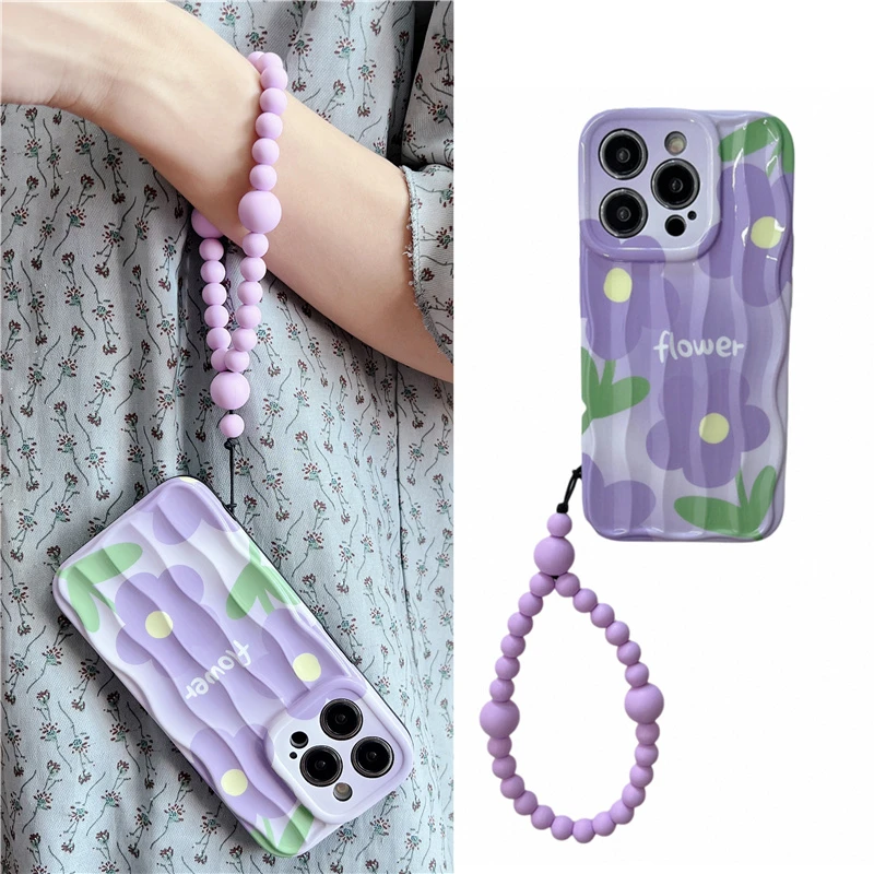 高级感紫色油画花手链珠适用苹果15/14带挂绳iphone13手机壳11/12