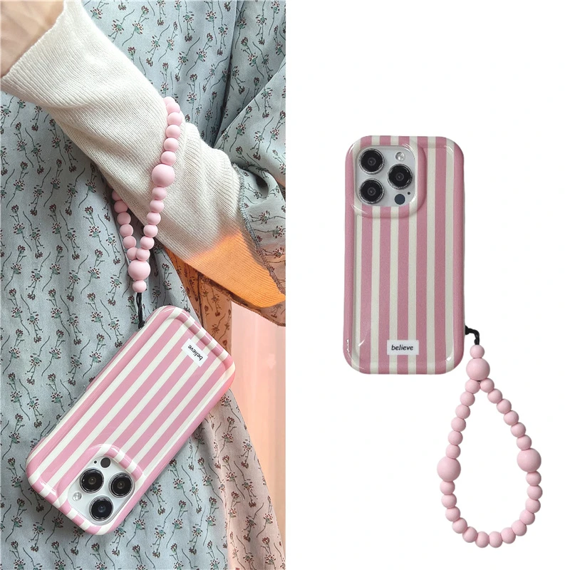 粉色少女心条纹手链珠适用苹果16pro手机壳13女生苹果15/14韩风12