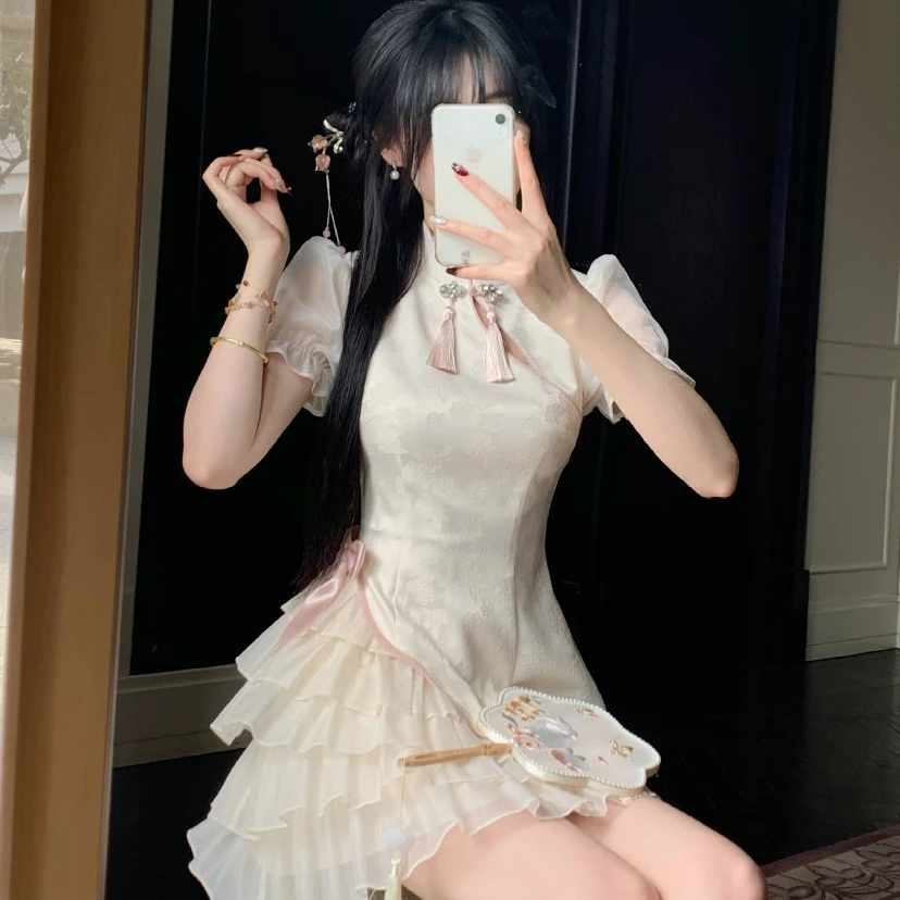 Blovelan荷风锦瑟 新中式甜美蝴蝶结网纱拼接提花短旗袍连衣裙夏