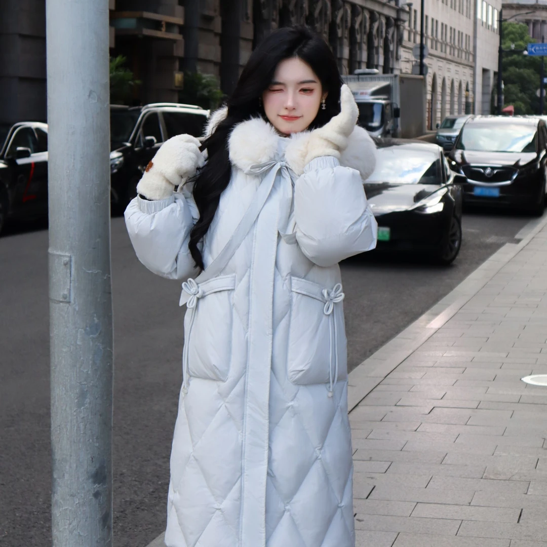 Blovelan冬日暮光 俏皮系带蝴蝶结菱格纹90白鸭绒baby蓝羽绒服