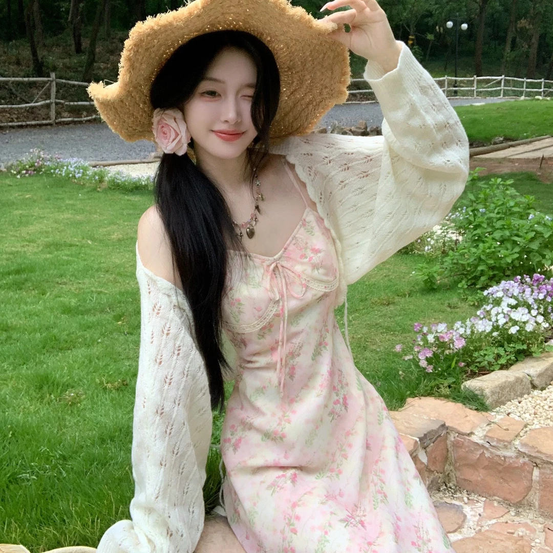 Blovelan星野云朵 温柔镂空钩花针织系带长袖马海毛百搭开衫