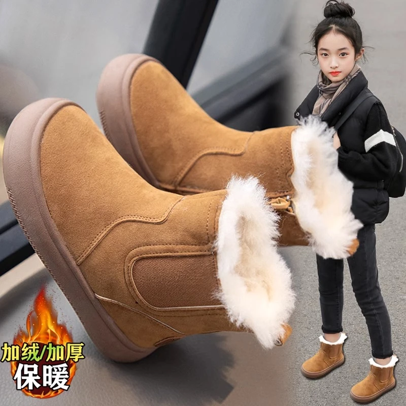 回力瑞女童雪地靴2023新款冬季儿童高筒大棉女孩皮毛一体加绒冬鞋