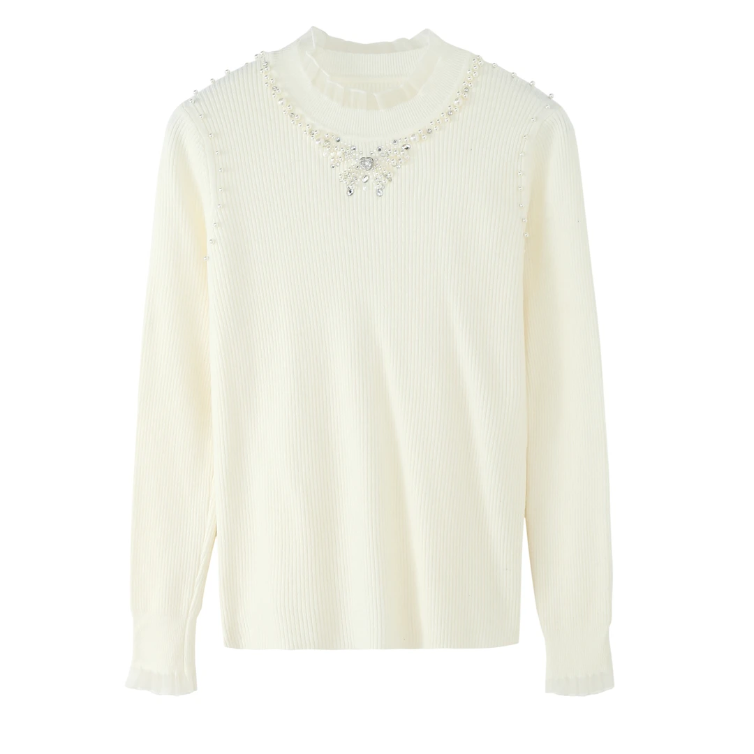 Lyrccoa蝴蝶结珍珠领花边拼接打底衫