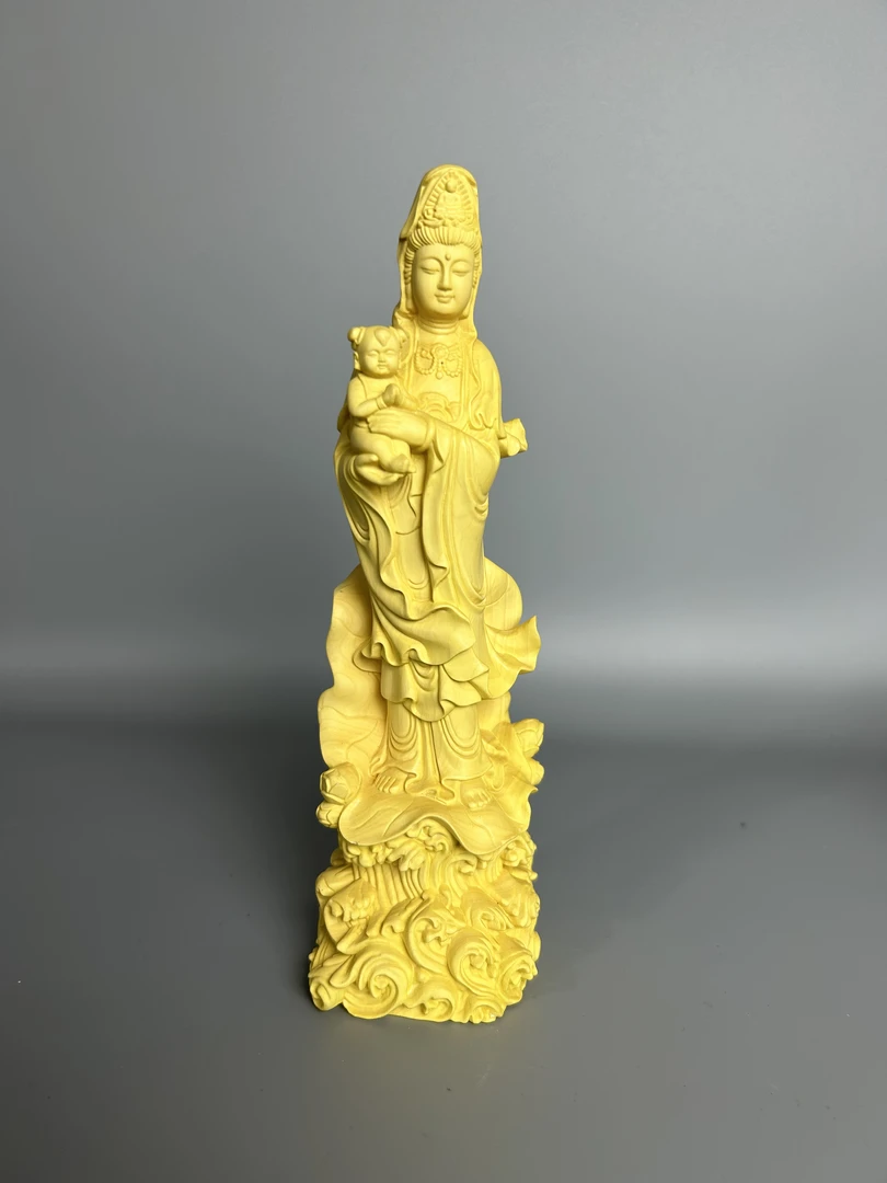 黄杨木荷叶抱子观音木雕工艺品