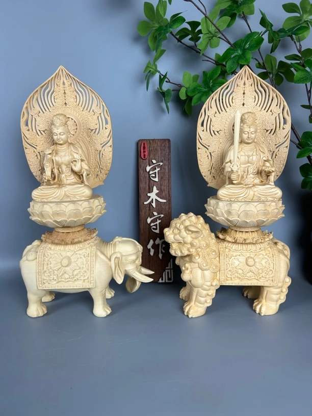 加拿大桧木文殊普贤一对木雕工艺品高度36公分