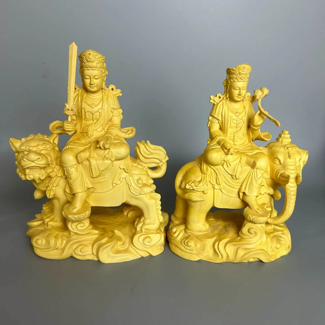 黄杨木文殊普贤木雕工艺品高度13公分