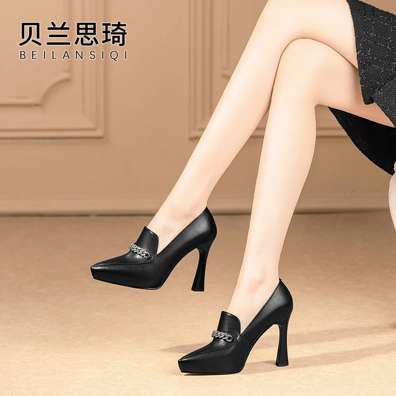 5453真皮尖头防水台高跟鞋女2023春季新款水钻中口厚底细跟单鞋
