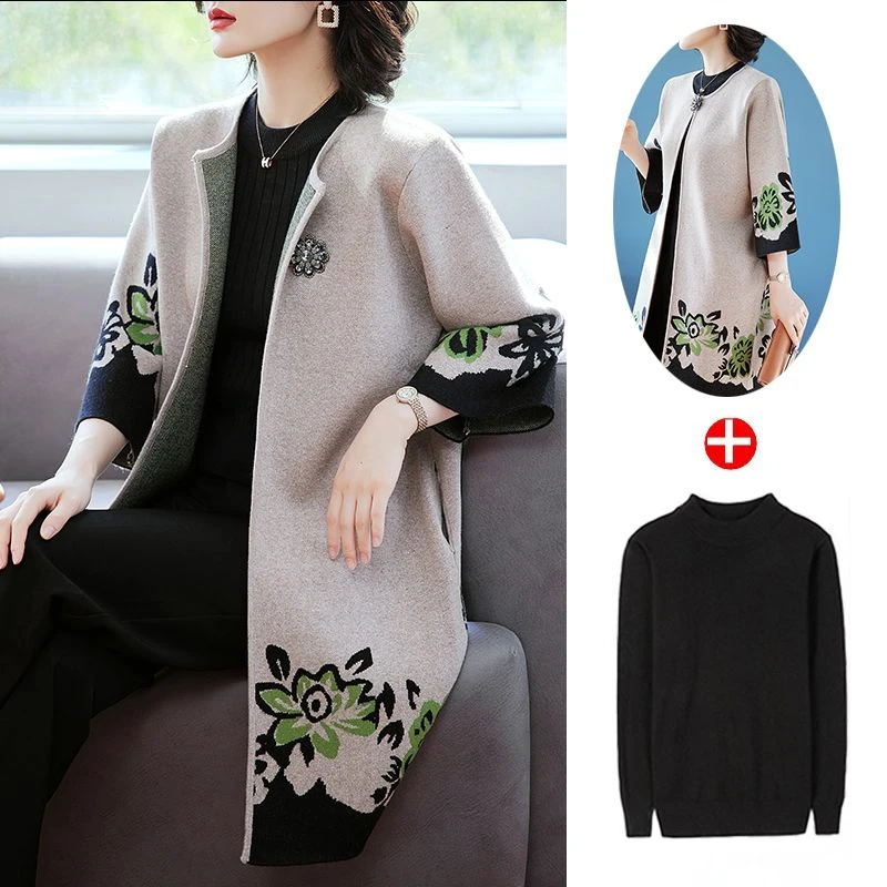 妈妈春装针织外套中长新款阔太太洋气风衣中老年女装中年春秋上衣