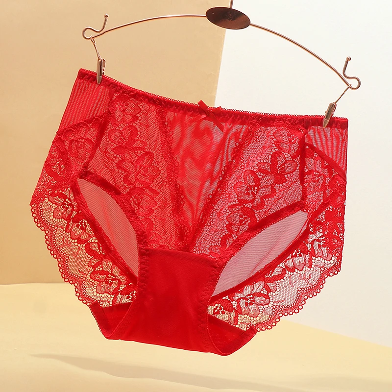 本命年蛇年红内裤女款蕾丝红色性感中高腰无痕女士短裤头大码胖mm