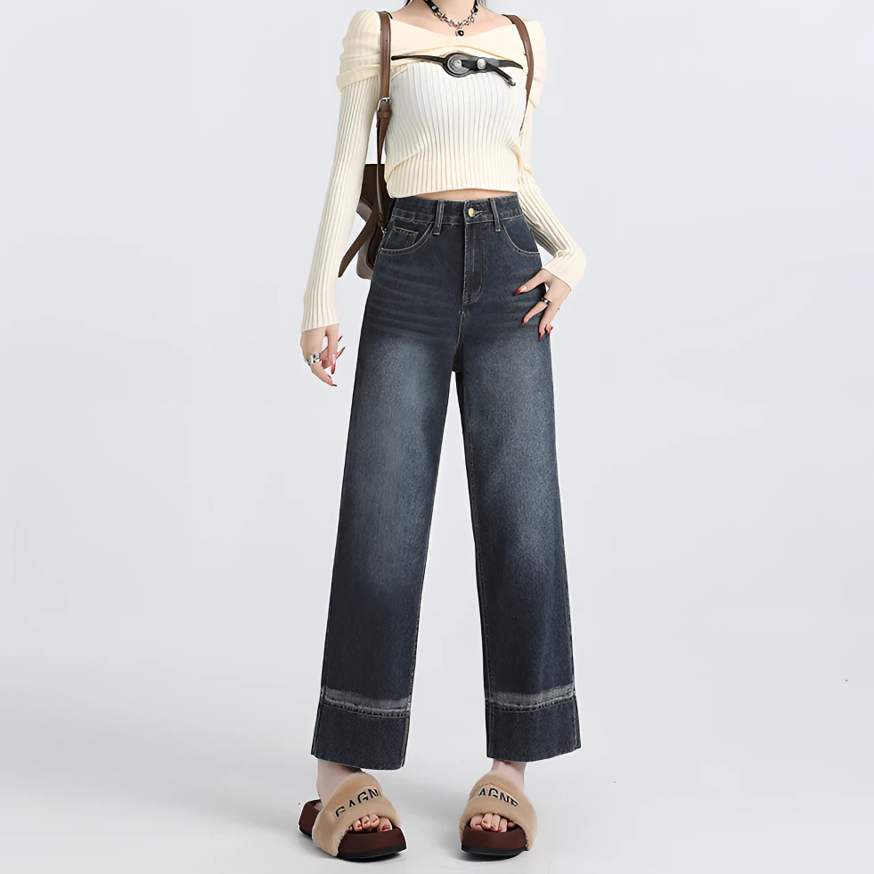 直筒裤设计复古蓝九分加长裤韩版牛仔裤女百搭显瘦高腰2024年新款
