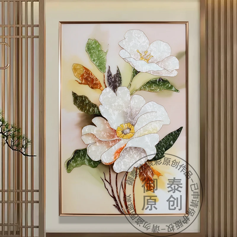 手绘珐琅彩装饰画现代花卉入户玄关画轻奢沙发背景画新中式餐厅画