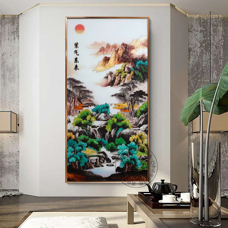 现代新中式紫气东来手绘珐琅彩装饰画小桥流水人家玄关挂画走廊画