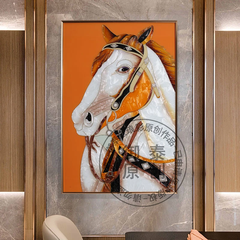 现代轻奢玄关画沙发背景画新中式手绘珐琅彩装饰画马到成功挂画